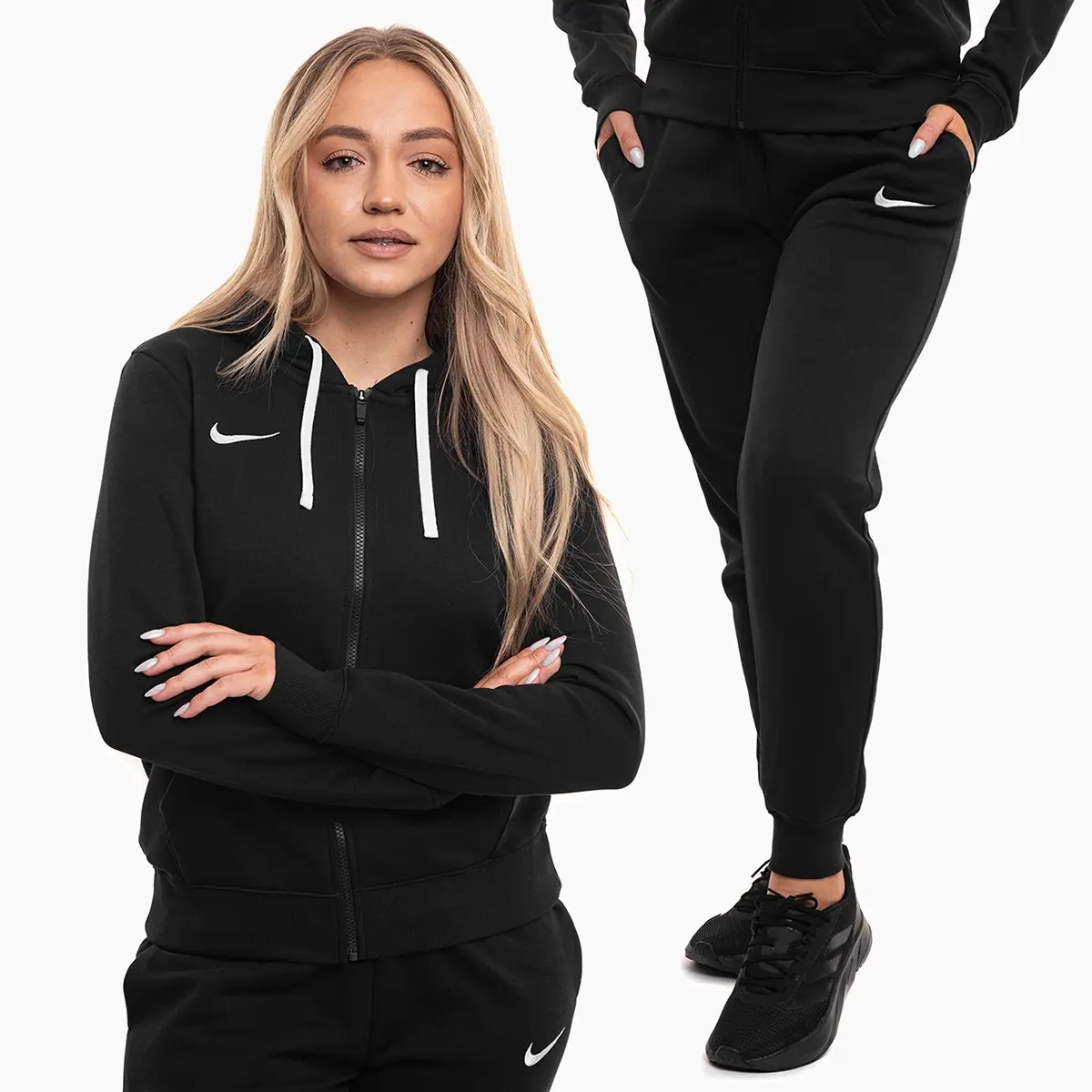 Nike komplet damski Park 26 Fleece Full-Zip Hoodie czarny bluza rozpinana z kapturem i spodnie dresowe IB1230 010/IB1250 010